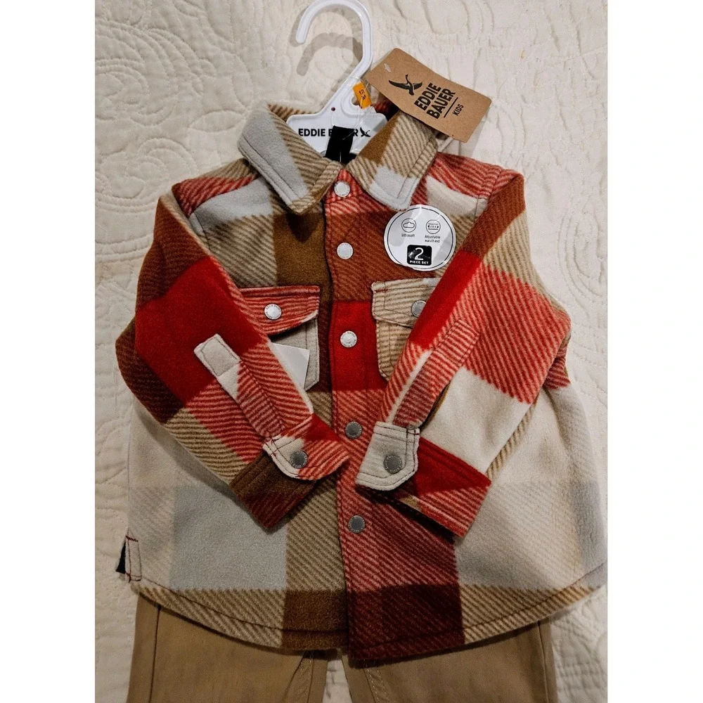 Eddie Bauer Baby‎ Boy 2PC Jogger Set Flannel Shirt and Pants Set Red Plaid 12M